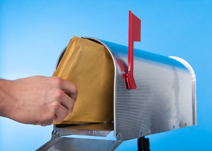 A person getting direct mail out of a mail box