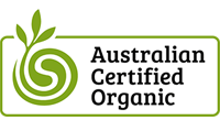 An australian certified organic logo with a green swirl and leaves.