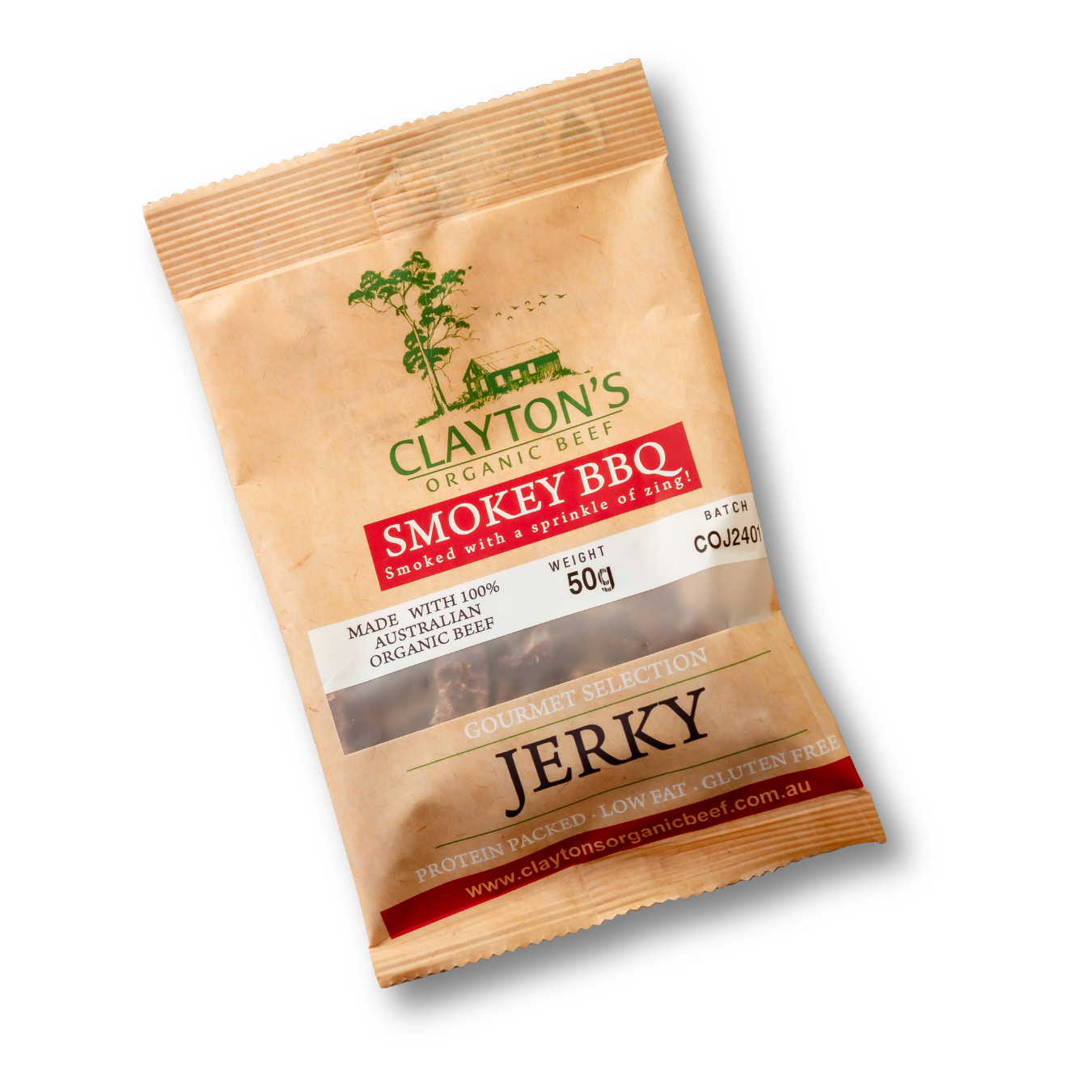 A bag of clayton 's smokey bbq jerky on a white background.
