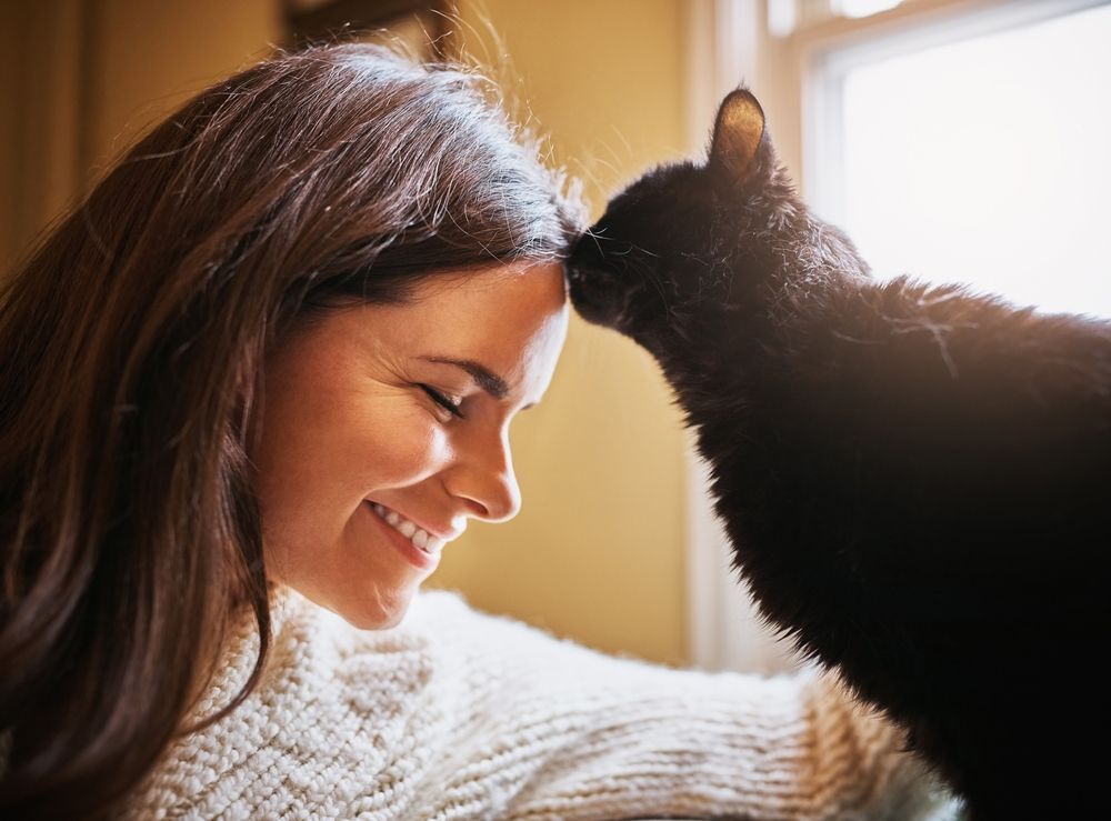 A woman is being kissed by a black cat on the forehead.