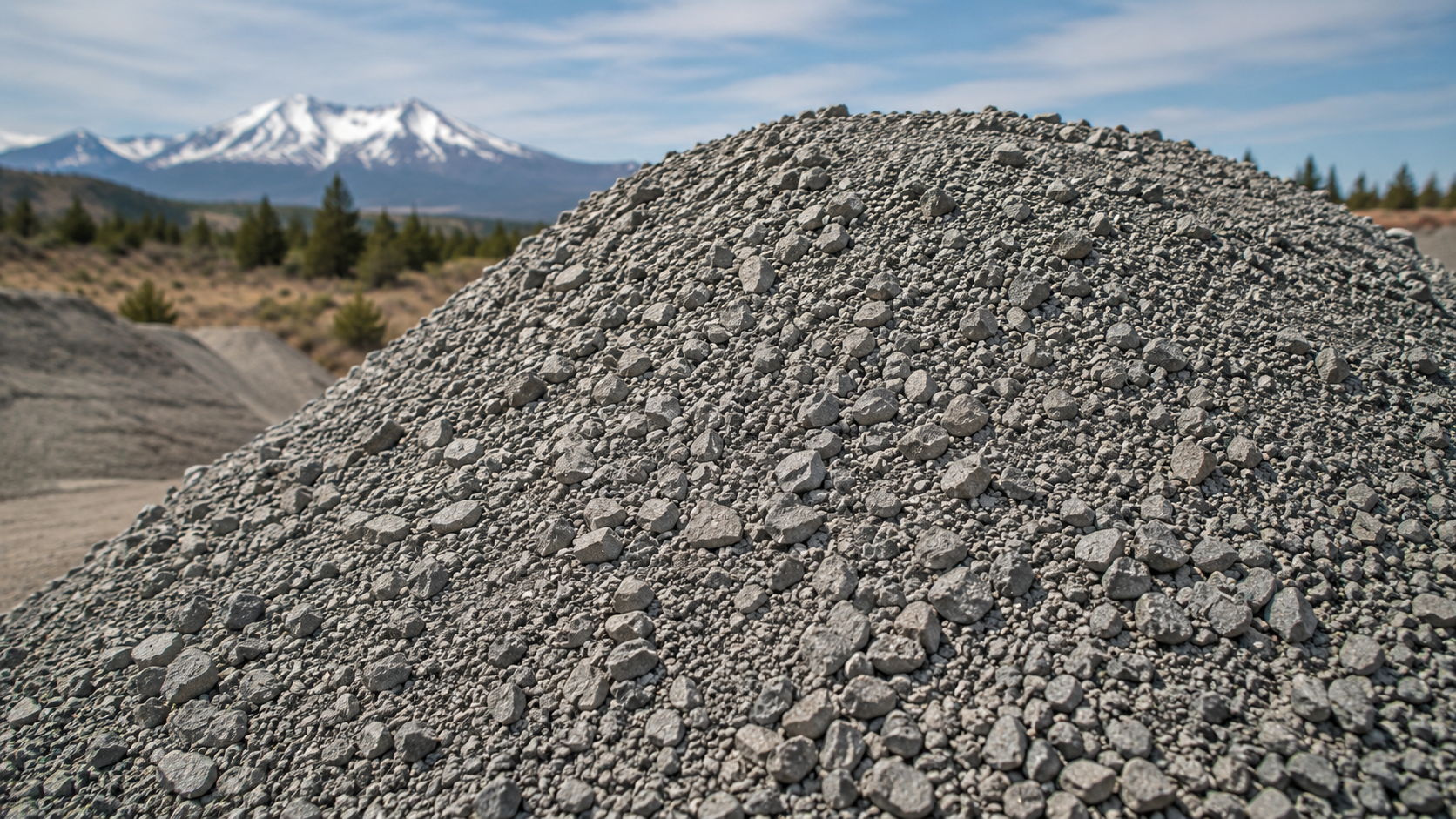 Gravel driveway beside a modern house with mountains in the distance under a clear sky.