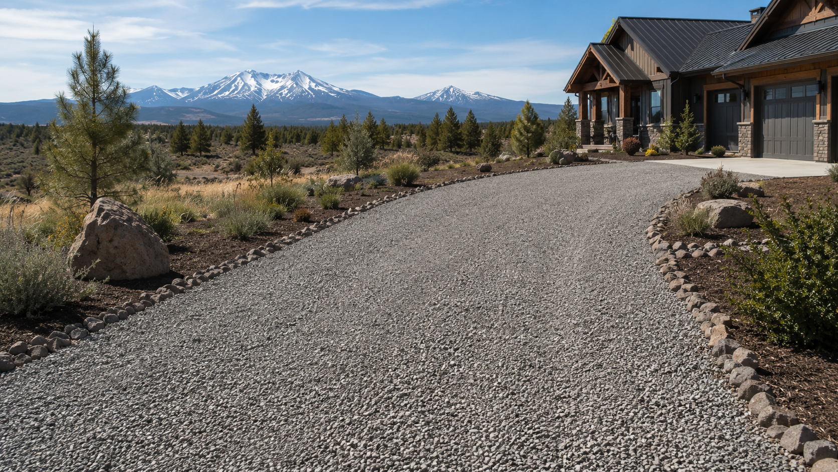 Gravel driveway beside a modern house with mountains in the distance under a clear sky.