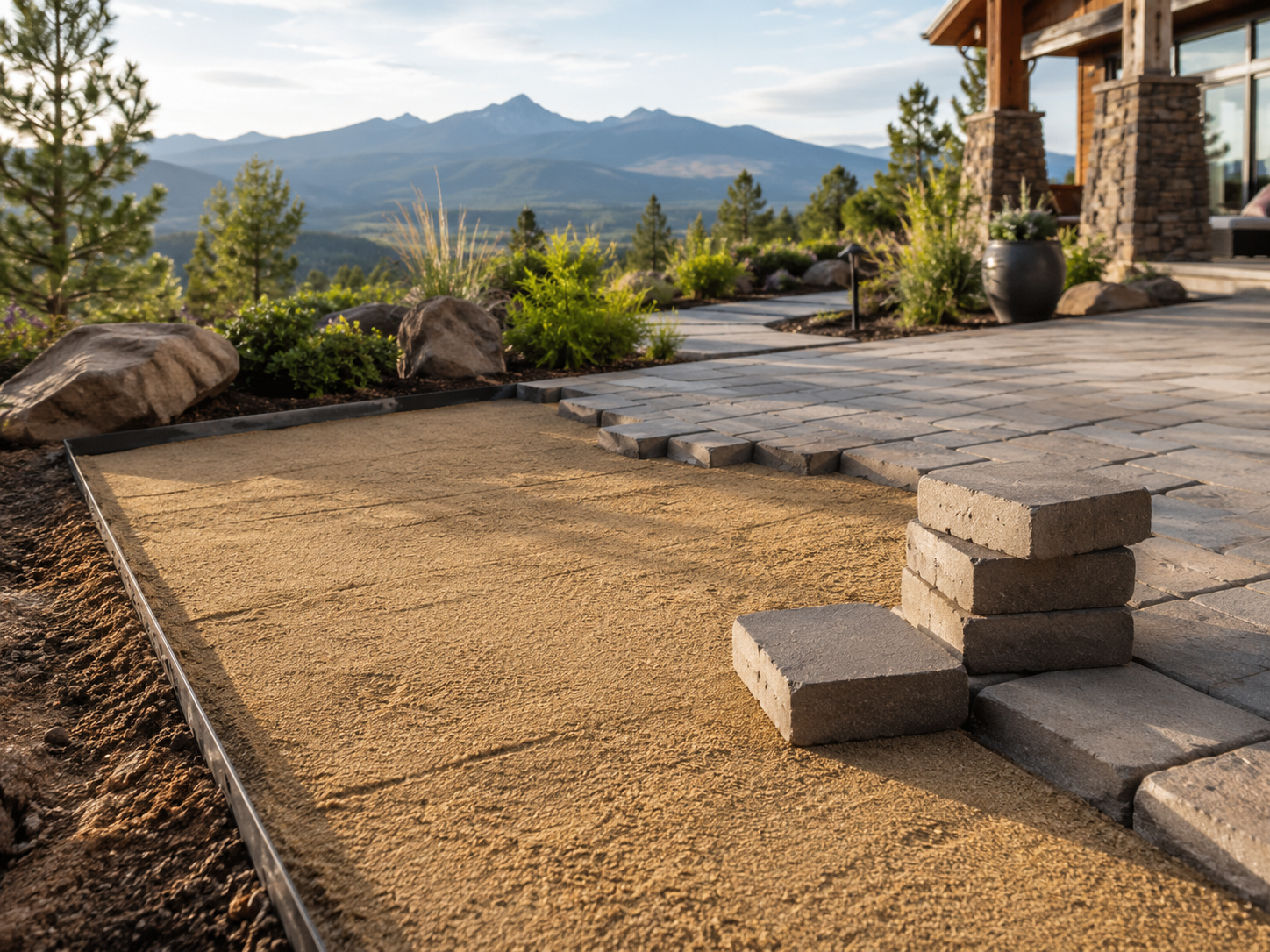 Stone patio under construction beside a rustic house, with mountains and trees in the background