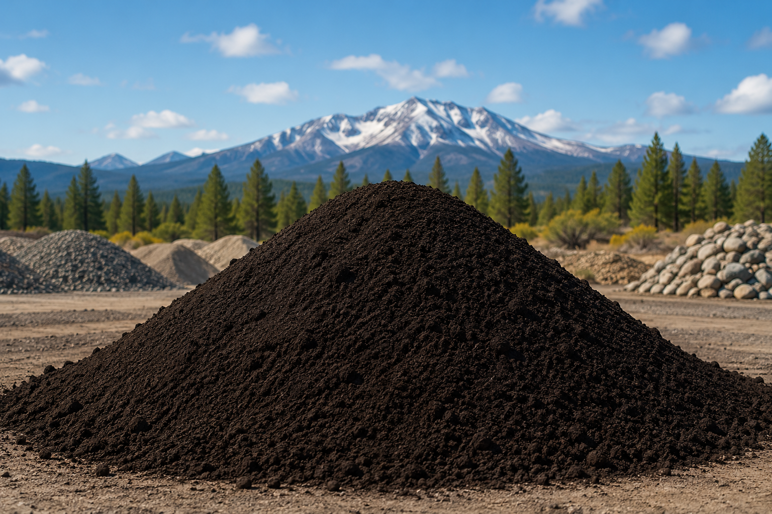 Large dark soil mound in a gravel yard with pine trees and a snow-capped mountain in the background