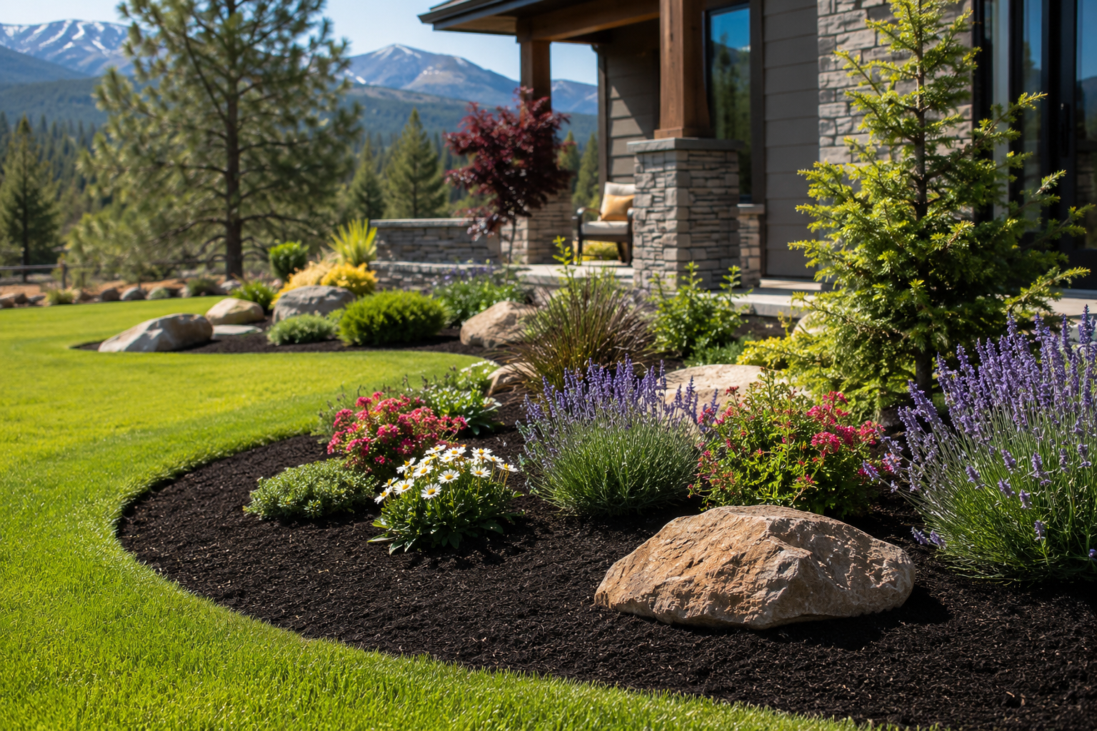 Large dark soil mound in a gravel yard with pine trees and a snow-capped mountain in the background