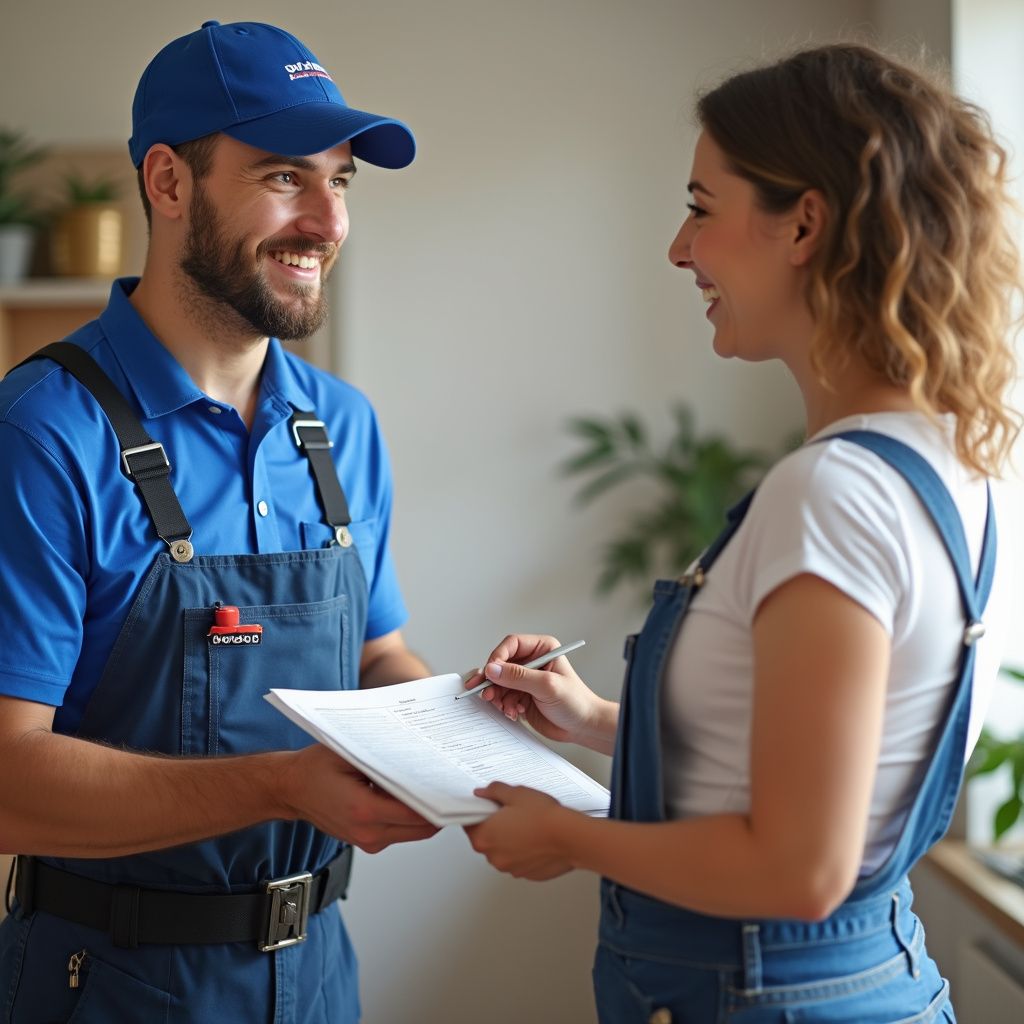 Man in blue work clothes, smiling, handing a clipboard to a woman in overalls, who is signing.