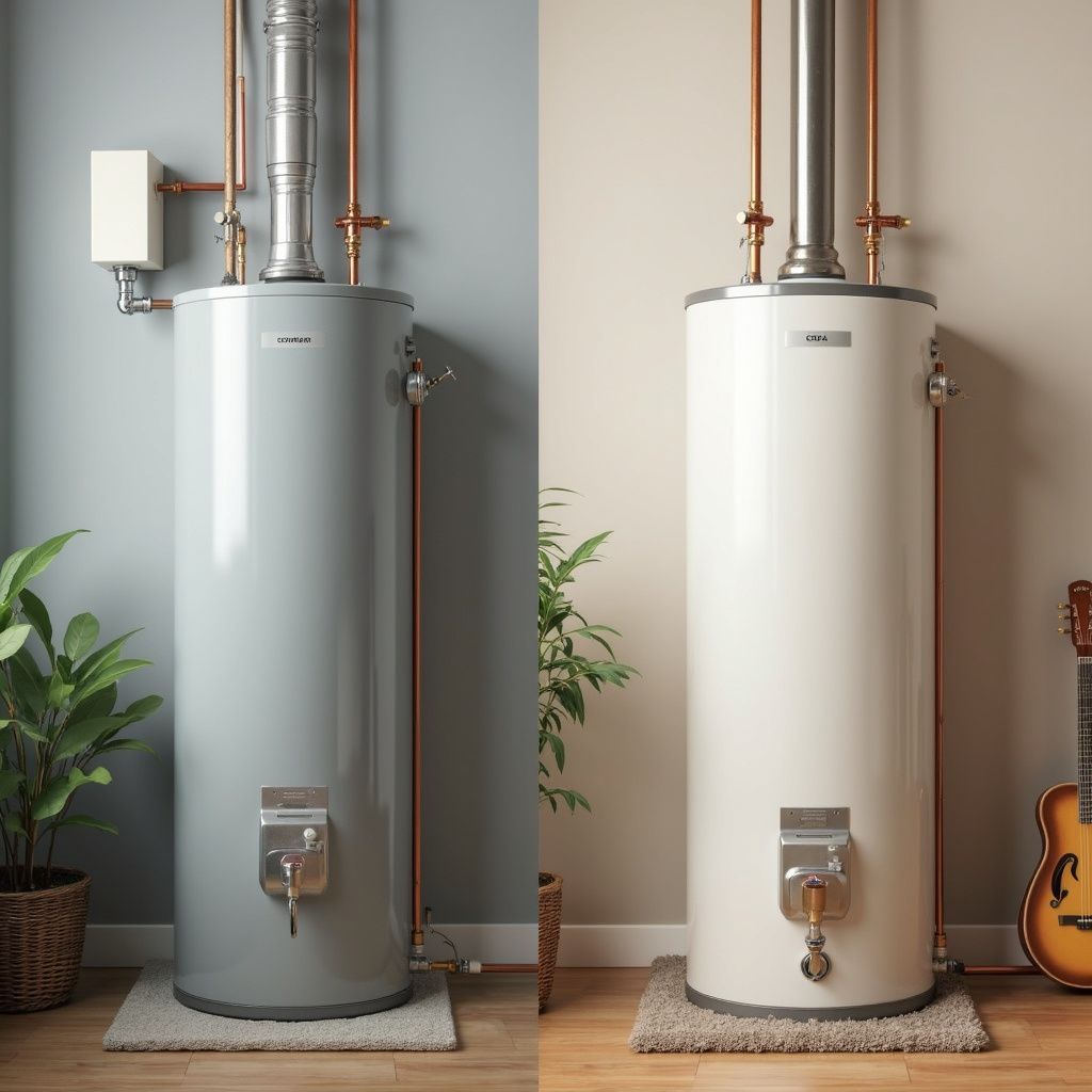 Two water heaters, one gray and one white, stand indoors near plants and a guitar.