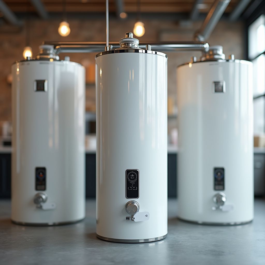 Three white industrial tanks connected by silver pipes, inside a blurred room.