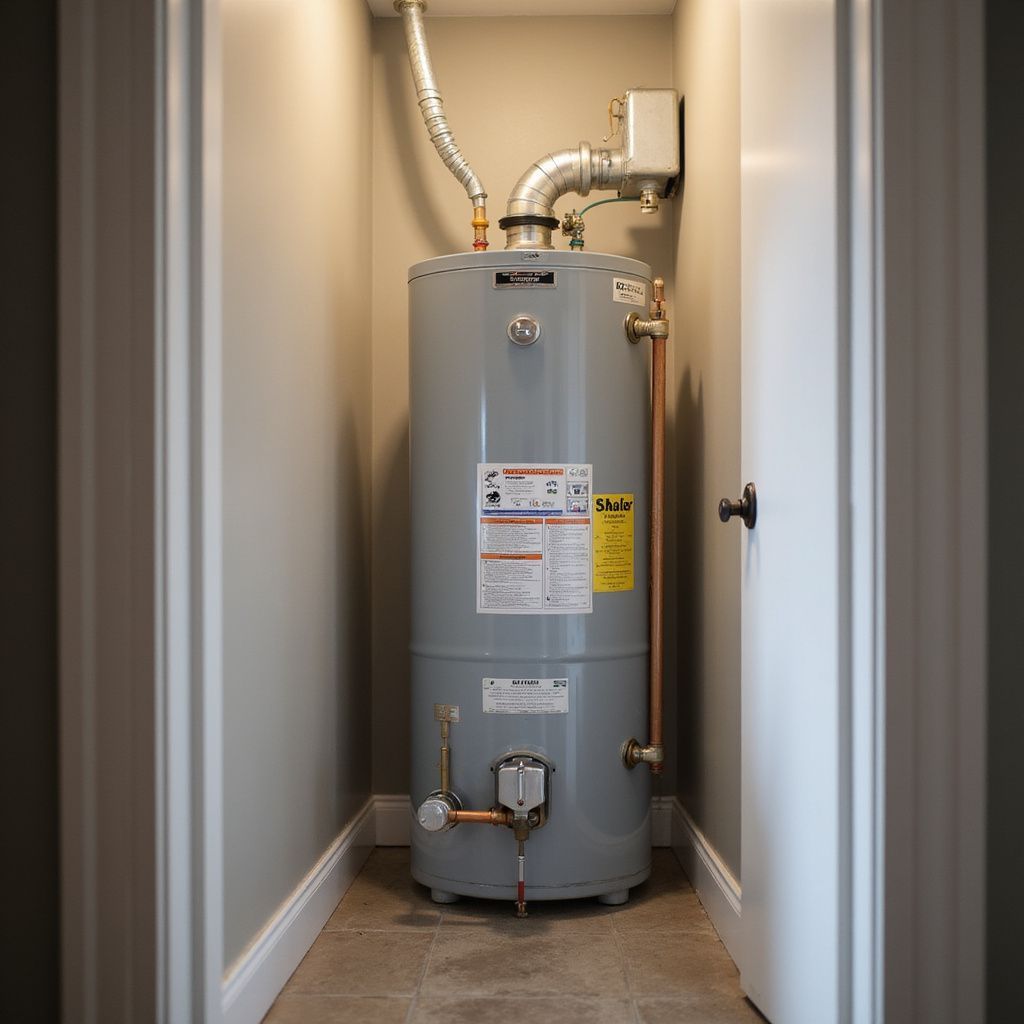 A gray water heater in a small closet with light gray walls and a white door.
