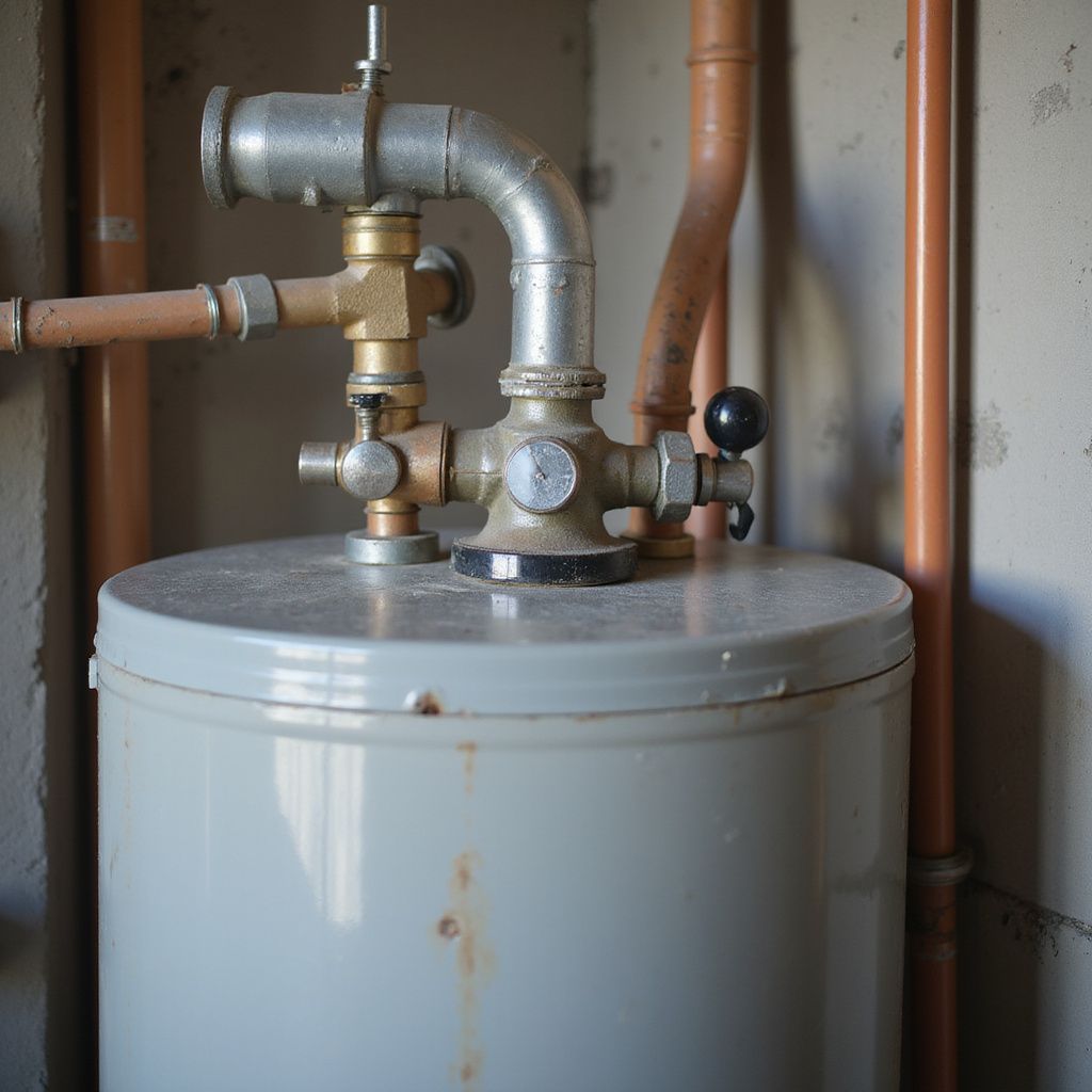 Water heater with copper pipes in a basement.