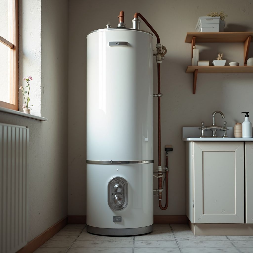 White water heater in a laundry room with a sink and cabinets.