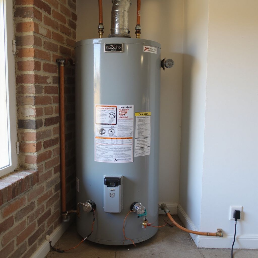 A tall, gray water heater in a corner with exposed copper pipes and brick wall.