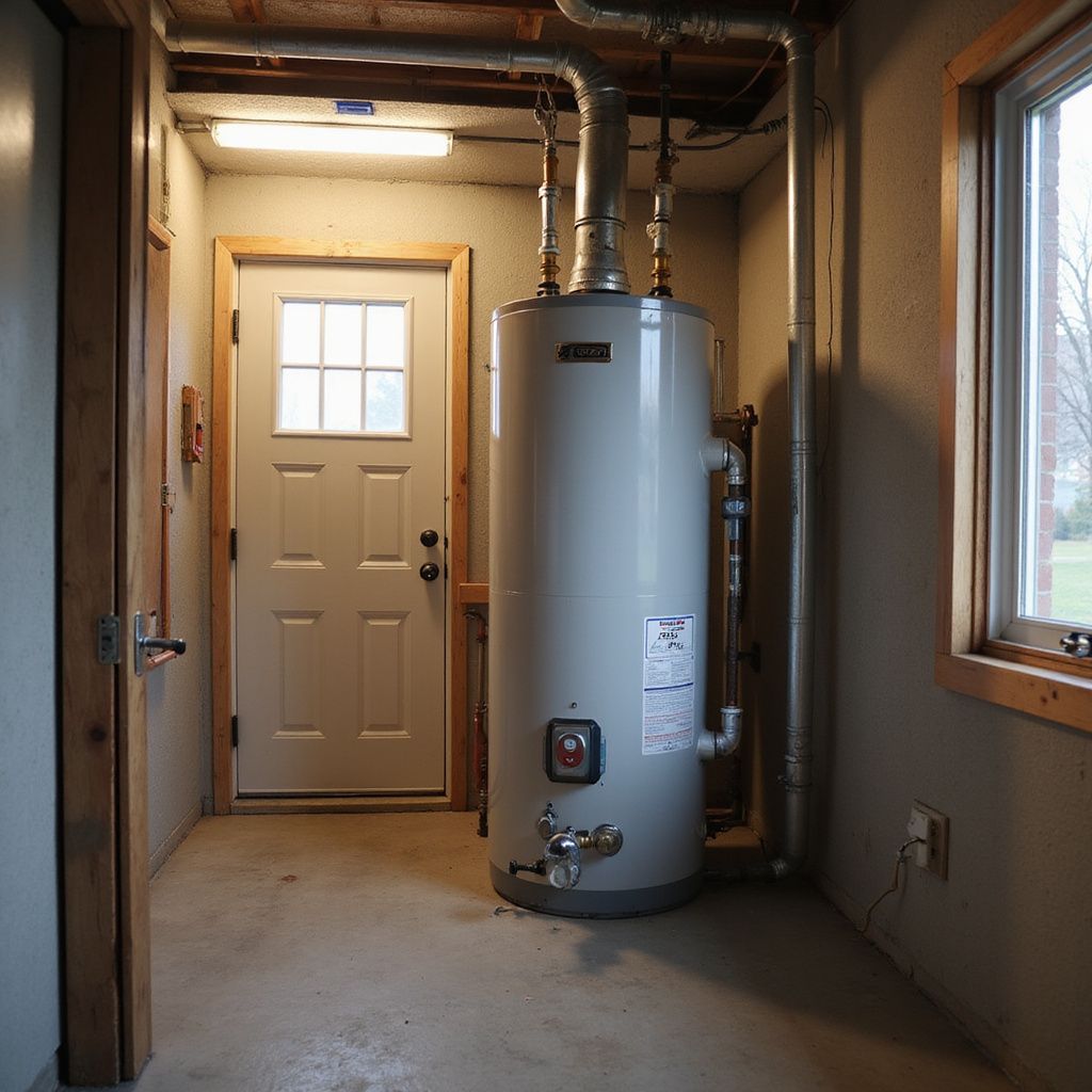 Water heater in utility room, next to door and window. Concrete floor, neutral walls.