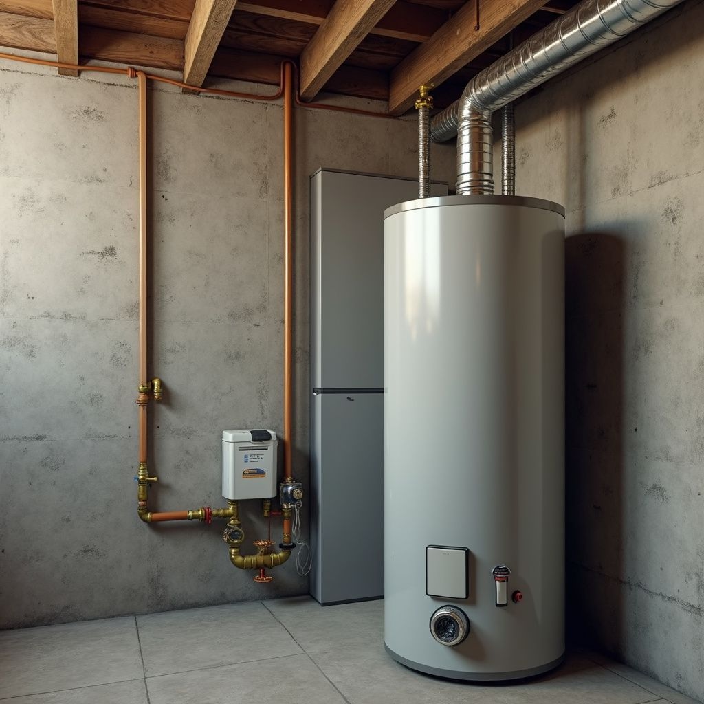Water heater and furnace in a concrete basement, with copper pipes and vent.