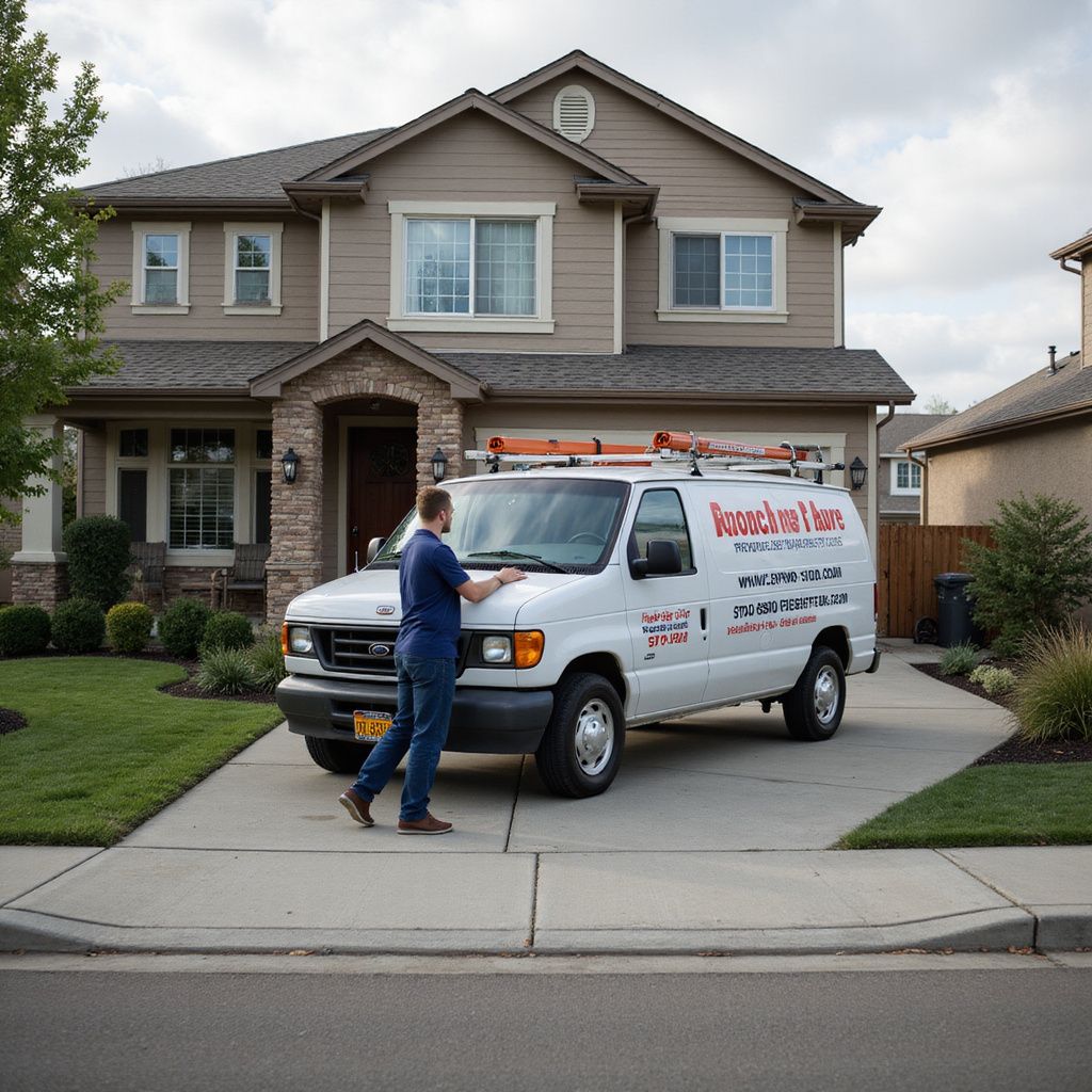 Man stands beside a white service van parked in front of a house.