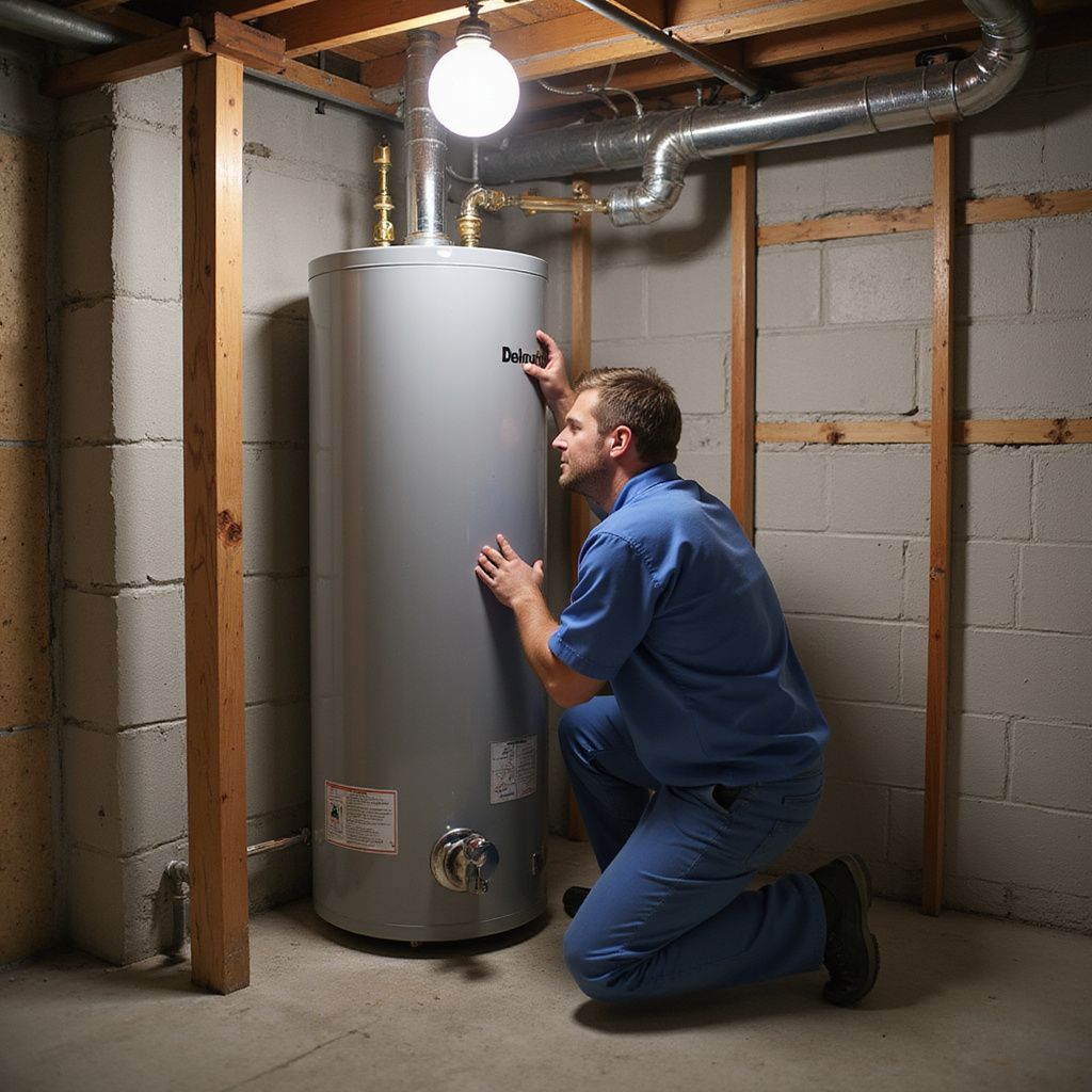 Man in blue uniform inspecting a water heater in a basement, under overhead light.