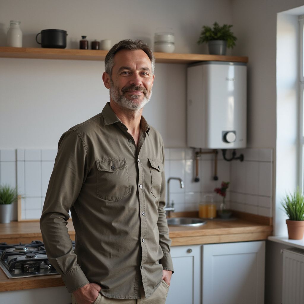 Man in a kitchen with hands in pockets, smiling. He is wearing a green shirt.