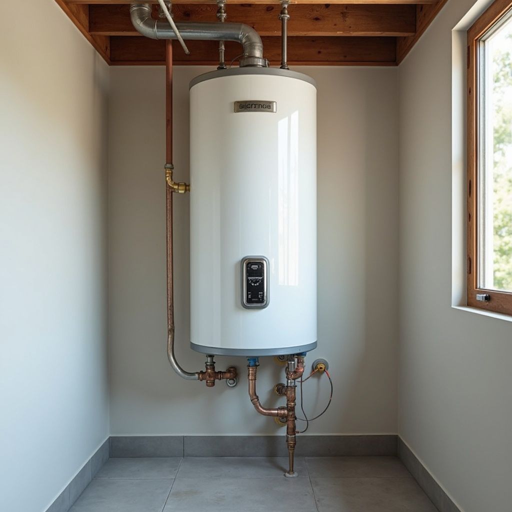 White water heater in a small room, connected to copper pipes, against a gray wall next to a window.