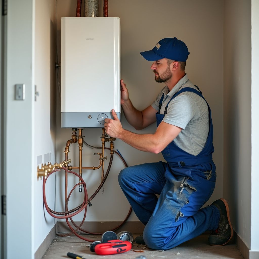 Plumber in blue overalls kneels adjusting a white boiler on a wall; tools are on the floor.