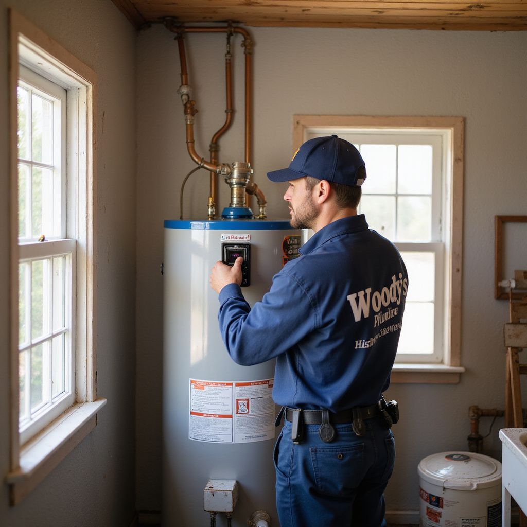 Plumber in a blue uniform adjusting a hot water heater in a utility room with two windows.