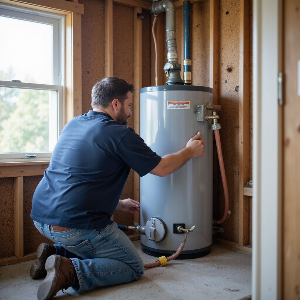 Man kneeling, inspecting a gray water heater in a wooden-framed room. Window visible.