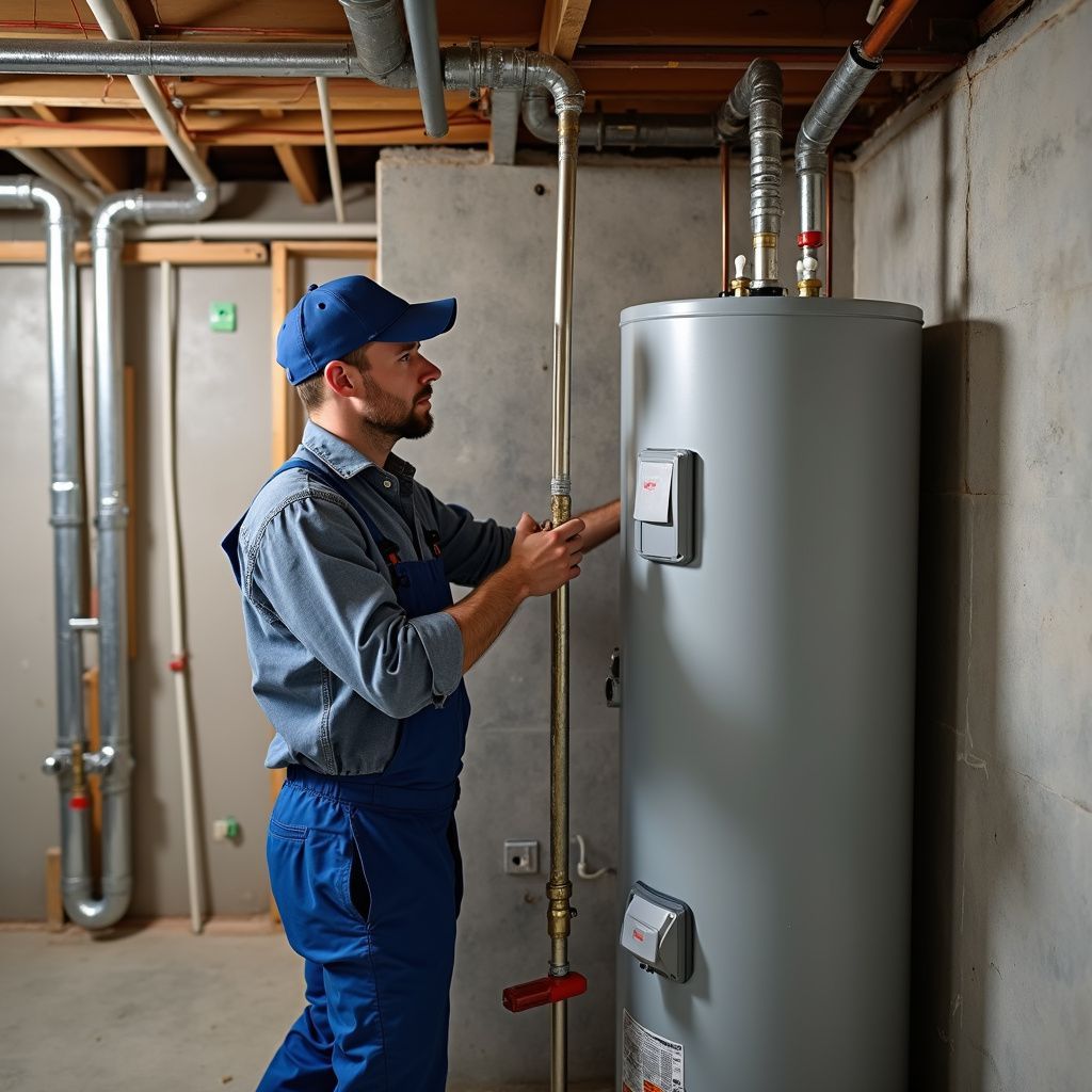 Plumber in blue coveralls and cap working on a water heater in a basement.