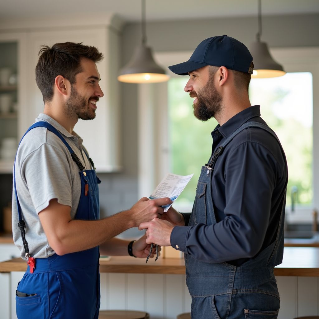 Two workers, one in a blue cap, exchange papers. Both smile, inside a kitchen setting.