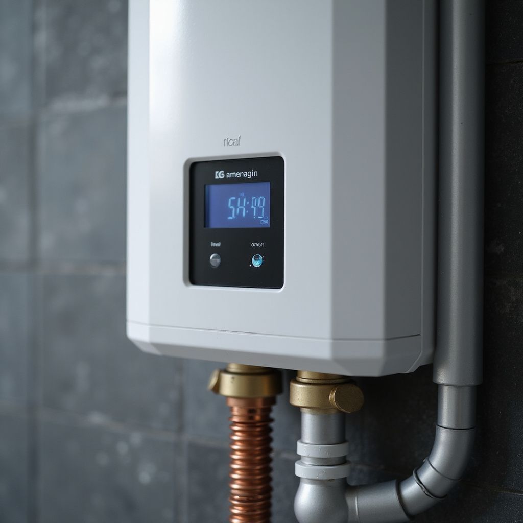 White electric water heater mounted on a grey tiled wall, with copper and steel pipes connected.