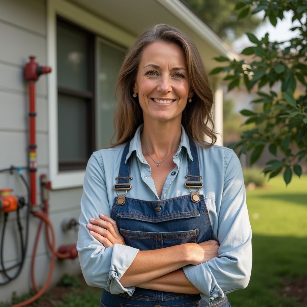 Woman in denim overalls smiles with arms crossed outside near a house and greenery.