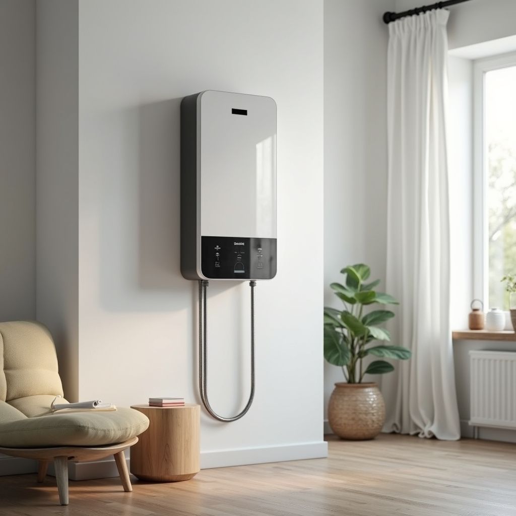 Wall-mounted white and black electric vehicle charger in a modern living room.