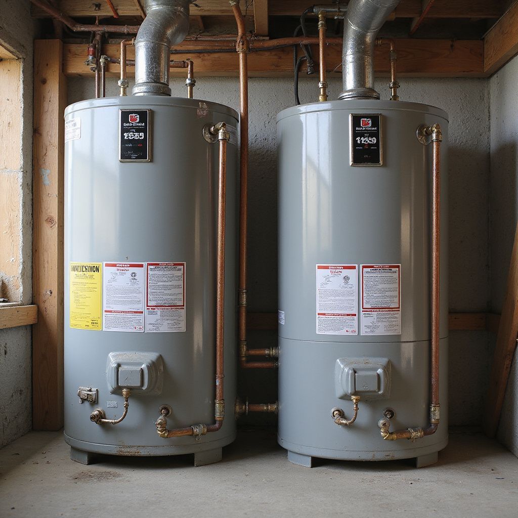 Two gray water heaters with copper pipes and vents in a basement setting.