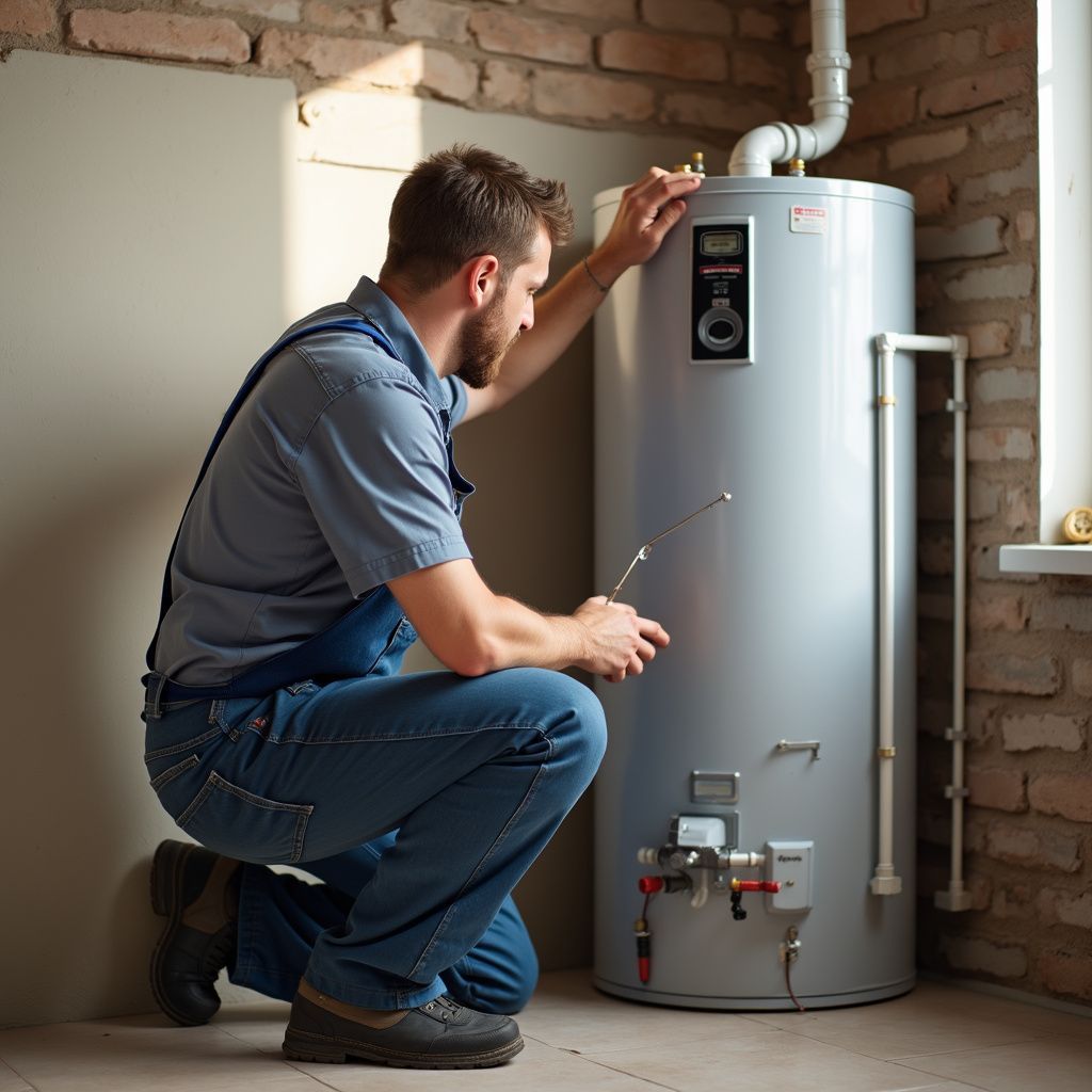 Man in blue overalls inspecting a water heater in a basement setting.