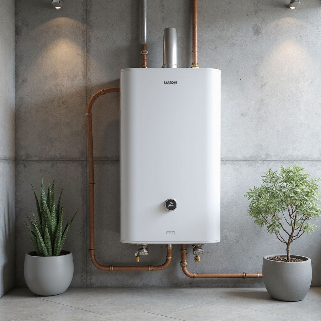 White water heater on a concrete wall with copper pipes, flanked by potted plants.