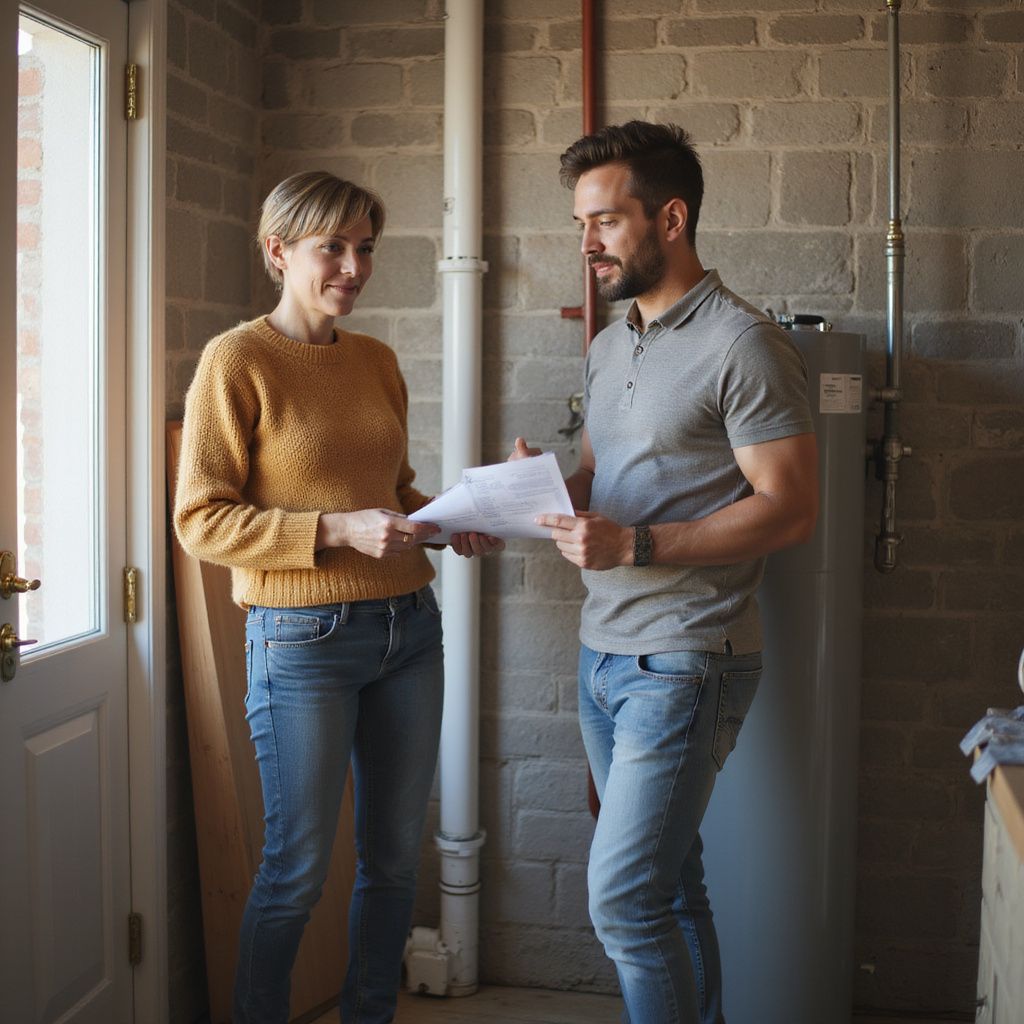 A woman and man review papers in a utility room. The woman holds a document, the man gestures as he speaks.