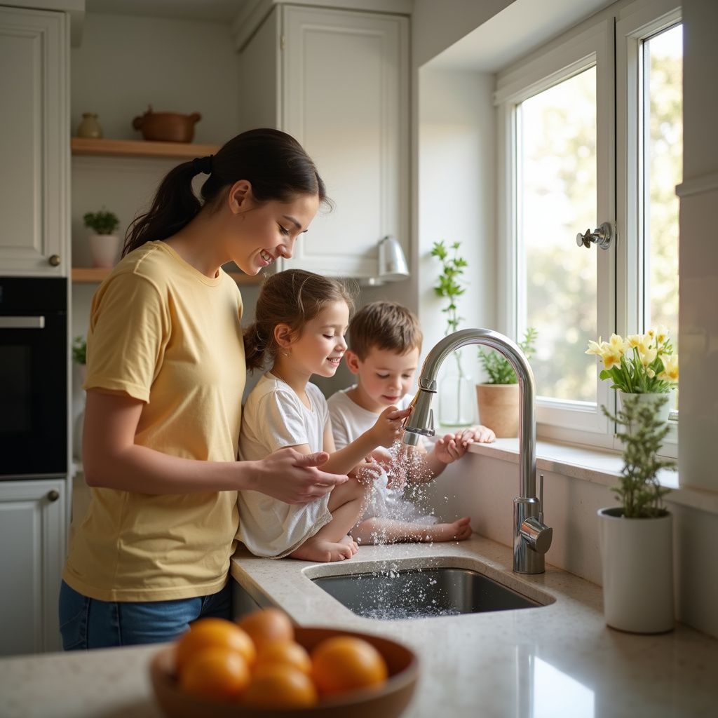 Woman and two children washing hands at a kitchen sink; sunny window in background.