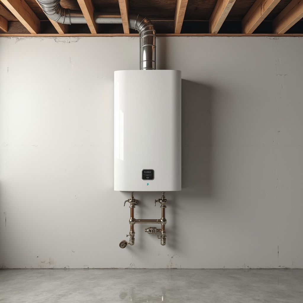 White wall-mounted water heater with copper pipes, vent, in unfinished basement.