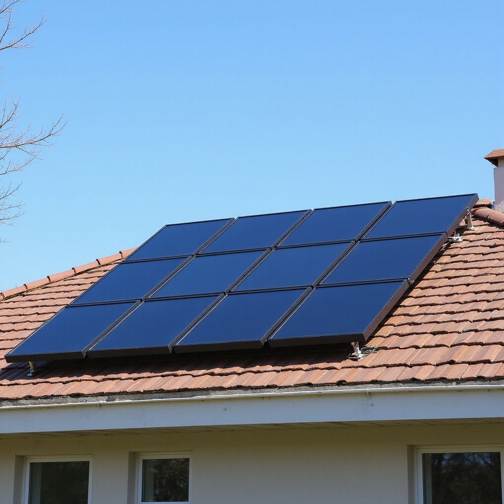 Solar panels on a residential roof; blue sky.