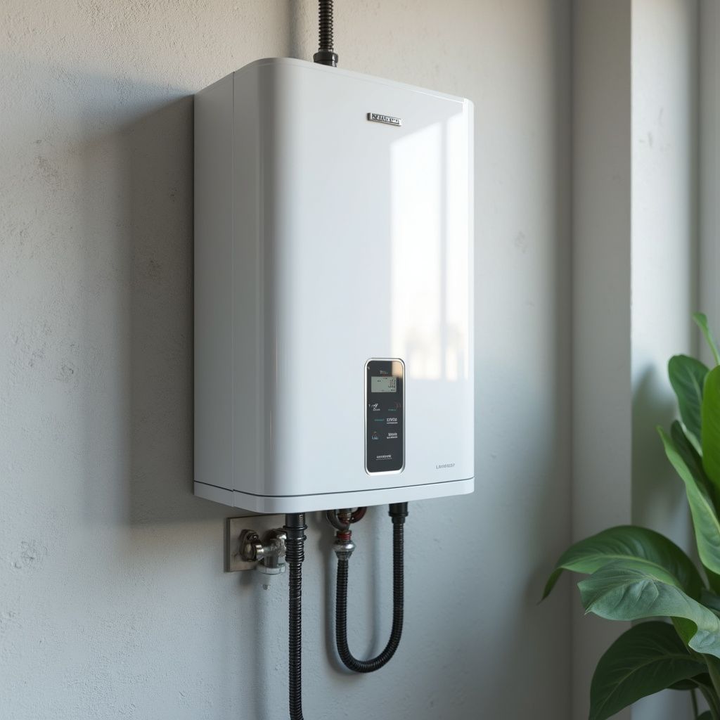 White tankless water heater on a gray wall with connected pipes and a control panel.