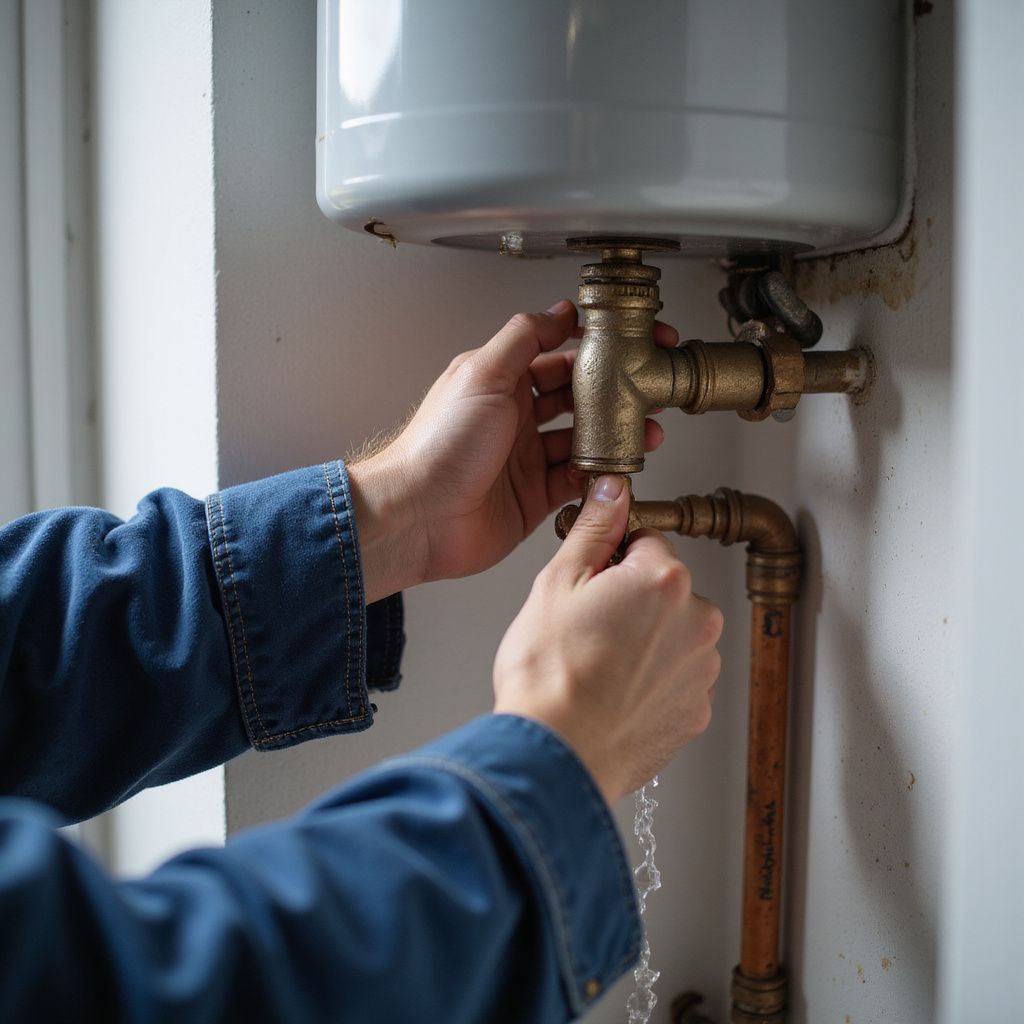 Person in blue shirt adjusts valve on hot water heater, water leaks out.