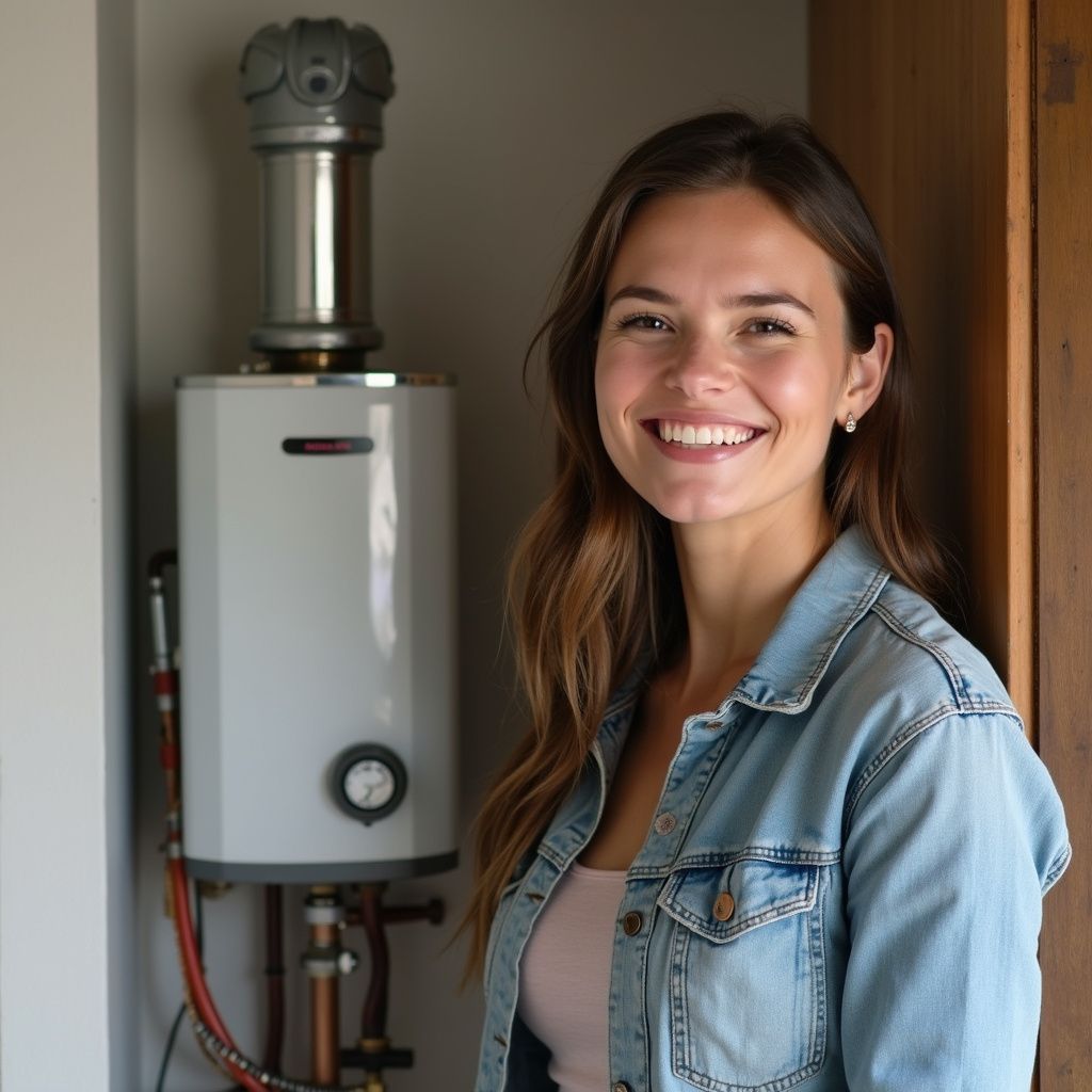 Smiling woman in denim jacket stands by a water heater.