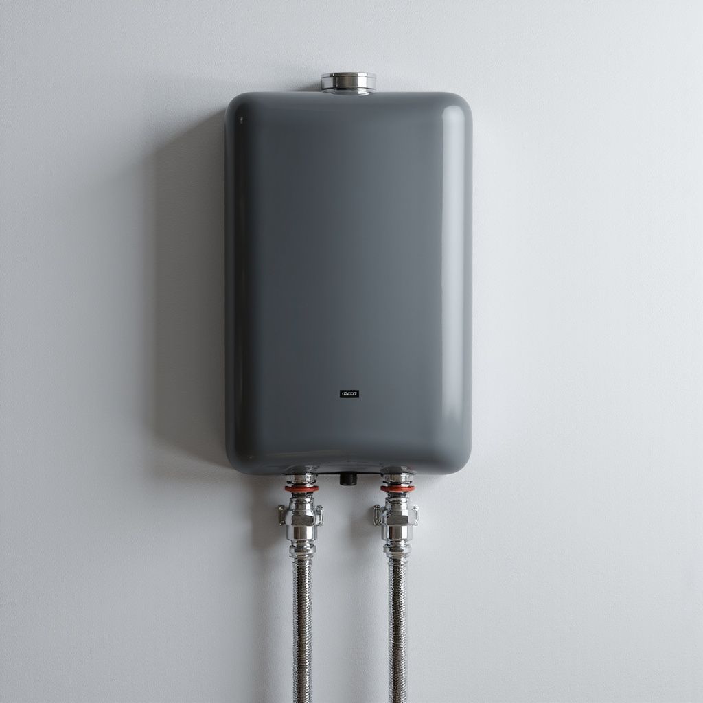 Gray tankless water heater on a white wall with connected pipes.