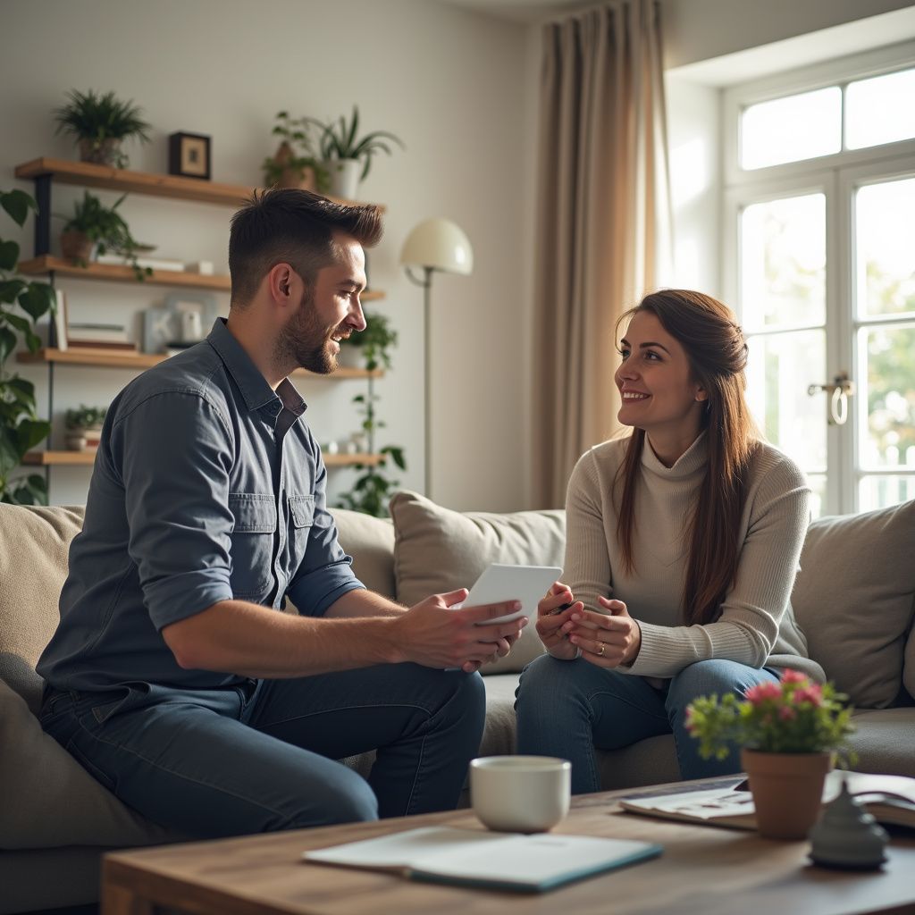 Man and woman sitting on a sofa, talking. Man holds a tablet. Indoor setting, natural light.