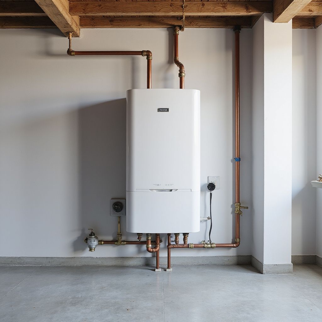 White wall-mounted boiler with copper pipes in an unfinished room.