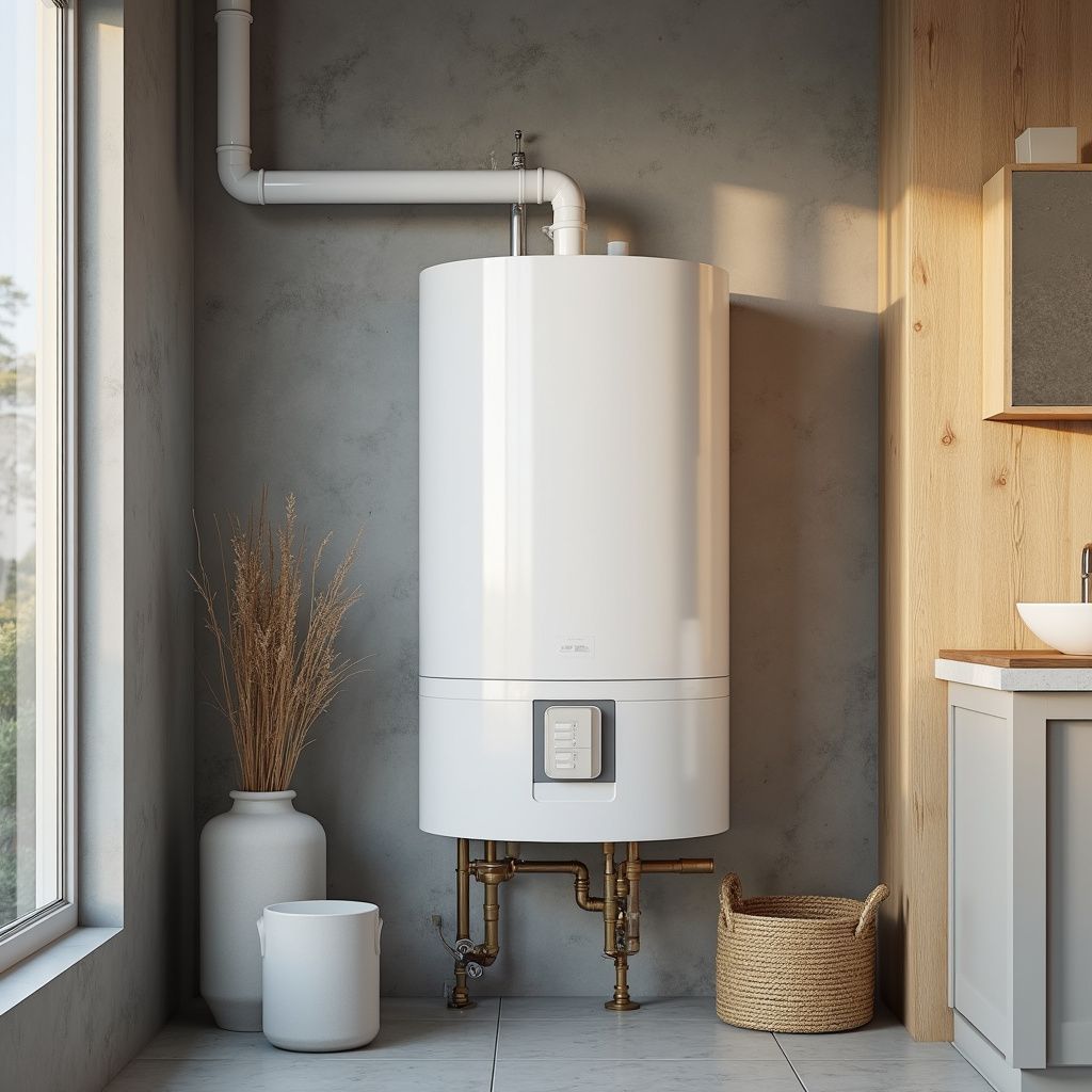 White gas boiler on a gray wall, brass pipes, white vases with dried plants, wicker basket.