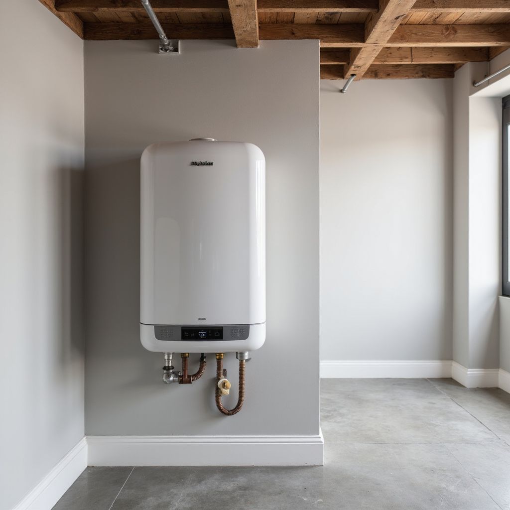 White wall-mounted boiler with copper pipes on a gray wall in a room with exposed wooden beams and concrete floor.