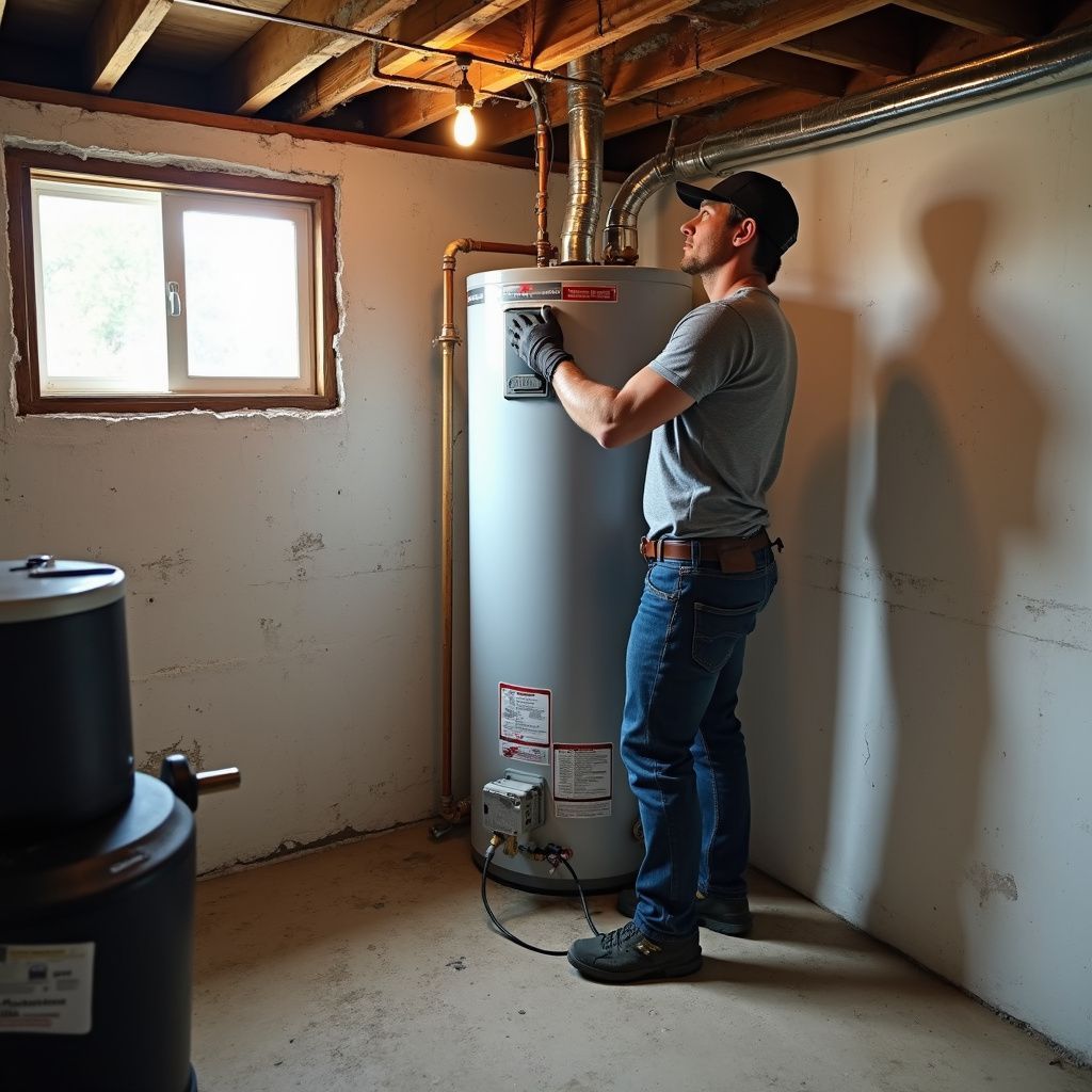 A man in a basement installing a water heater.