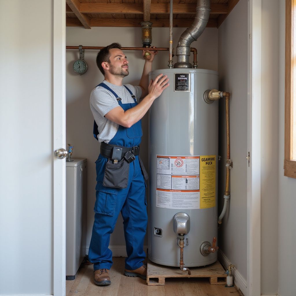 A plumber in blue overalls working on a gray water heater in a small utility room.