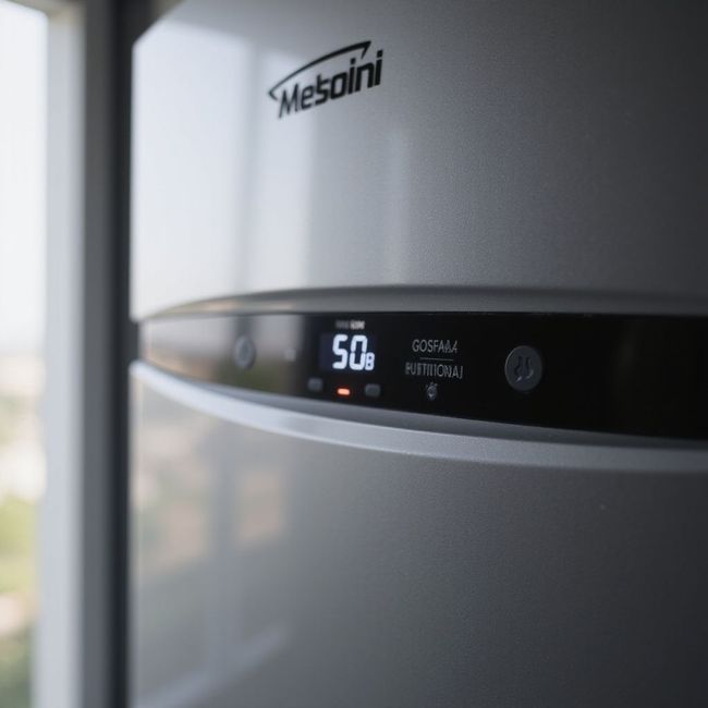 Close-up of a white Mesaini refrigerator with an LED display showing