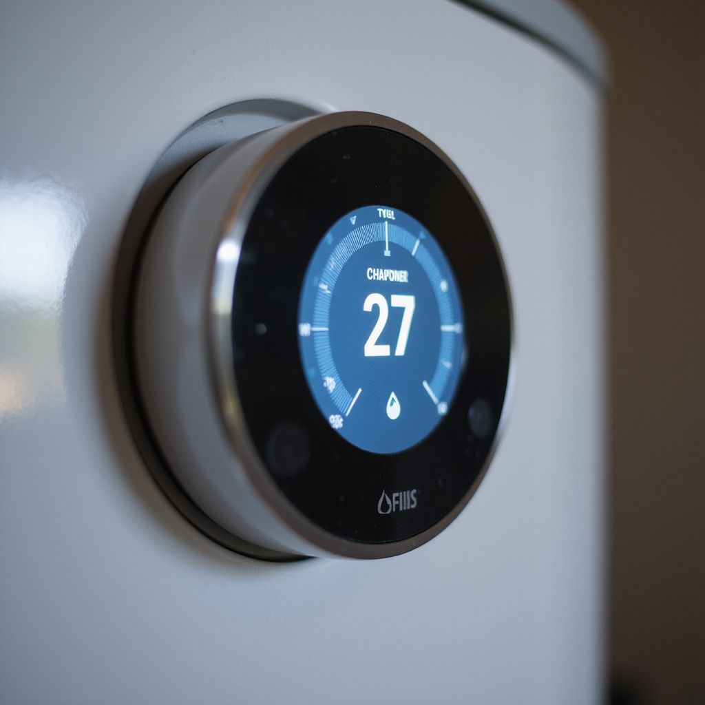 Smart thermostat on a white surface, displaying the number 27 in blue.