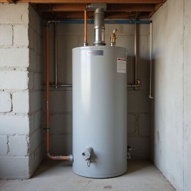 Gray water heater in a basement alcove with pipes and flue.